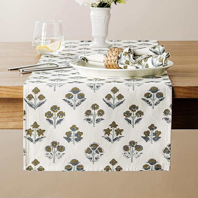 Block Print Floral Decorative Table Runners, 13x36 Inch Brown | 100% Organic by Unknown