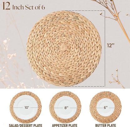 12" Water Hyacinth Woven Round Placemats Set of 6 - Wicker Boho Farmhouse Placemats - Rattan Table Mats for Dining Table, Wedding, Home
