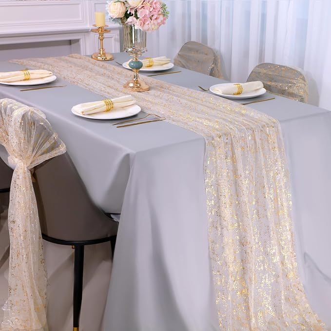 Snowkingdom 10 Pack 10ft Gold Table Runners, Sheer Chiffon Tulle Cheesecloth - Image 2