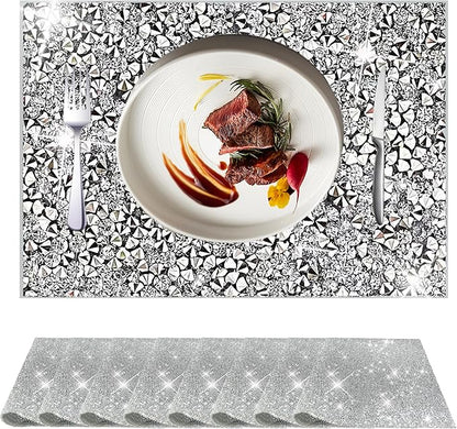 Silver Placemats Silver Heat Resistant Mat Square Placemats Silver Trivets Rhinestone Decor Place Mat Crushed Diamond Decor Bling Sparkly Mat Set of 8