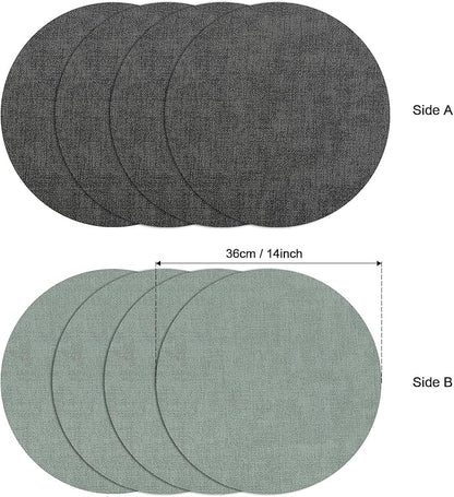 Myir JUN Round Placemats Dual Sided, Faux Leather Place Mats Set of 6 Indoor for Dining Table Outdoor Non-Slip Washable Table Mats (Set of 6, Gray Sage Green)