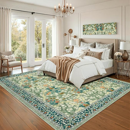 GarveeHome 8x10 Area Rugs, Washable Rugs for Living Room Non Slip Stain Resistant Ultra Soft Floral Rug, Boho Carpet Floor Mat for Bedroom Dining Room Nursery Playroom Office, Sage Green