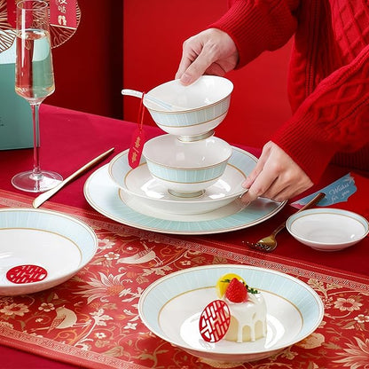 40 Pcs Fine Bone China Dinnerware Set, Porcelain & Ceramic Dinnerware Sets, Bone Stoneware & Ceramic Cookware Tableware Set Includes Dinner Plates|Spoons|Pasta Bowls|Soup Pot|Chopsticks