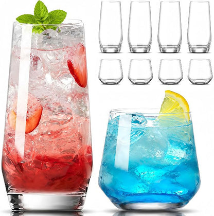 Mfacoy Drinking Glasses Set of 8-4 Tall Glass Cups 18 oz & 4 Short Stemless by Mfacoyisalifestylebrand