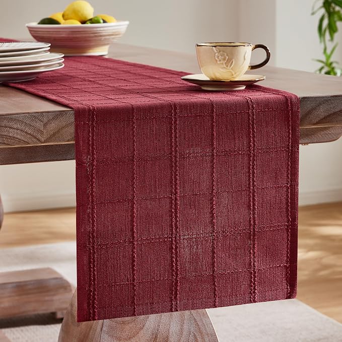 Linen Checked Farmhouse Table Runner, 13x72 Inches Burgundy | Raised Grid Design - Image 4