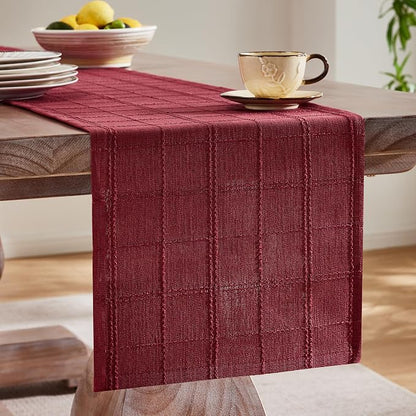Linen Checked Farmhouse Table Runner, 13x48 Inches Burgundy | Raised Grid Design - Image 4