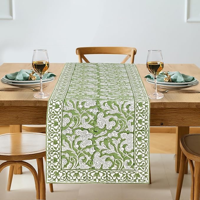 Sage Green Hand Block Print 100% Cotton Table Runner 16x90 Inch | Perfect by Ridhi