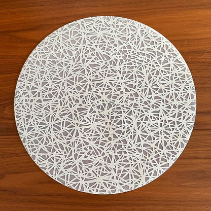 modern-twist 15" Round Silicone Placemat, BPA, PVC-Free Table Mat, Dishwasher Safe, Twine Print in Silver, Pack of 1