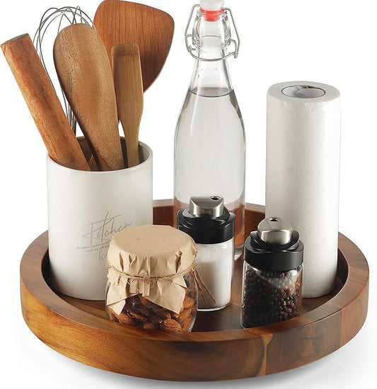 10" Acacia Wood Lazy Susan Organizer for Cabinet - Round Lazy Susans Turntable for Countertop - Wooden Kitchen Rotating Storage Food Bin Container for Centerpiece Table, Spices, Pantry