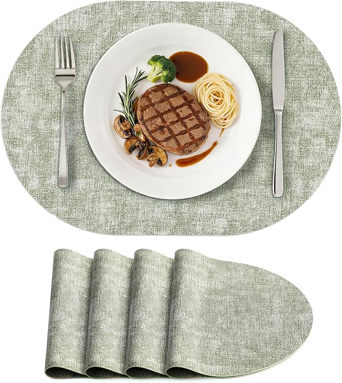 Placemats Set of 4, 11.8 x 17 Inch, Grass Green | Heat Resistant Oval Faux by homing