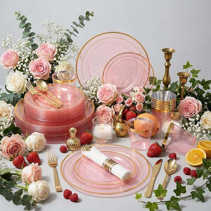 WELLIFE 210Pcs Clear-Pink Plastic Dinnerware- Pink and Gold Plastic Dinnerware - Image 6