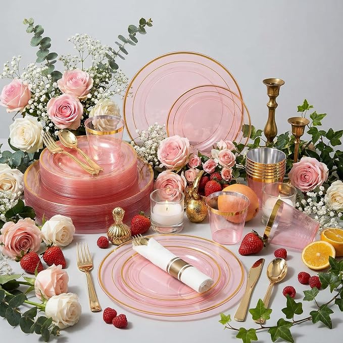 WELLIFE 350Pcs Clear-Pink Plastic Dinnerware- Pink and Gold Plastic Dinnerware - Image 6