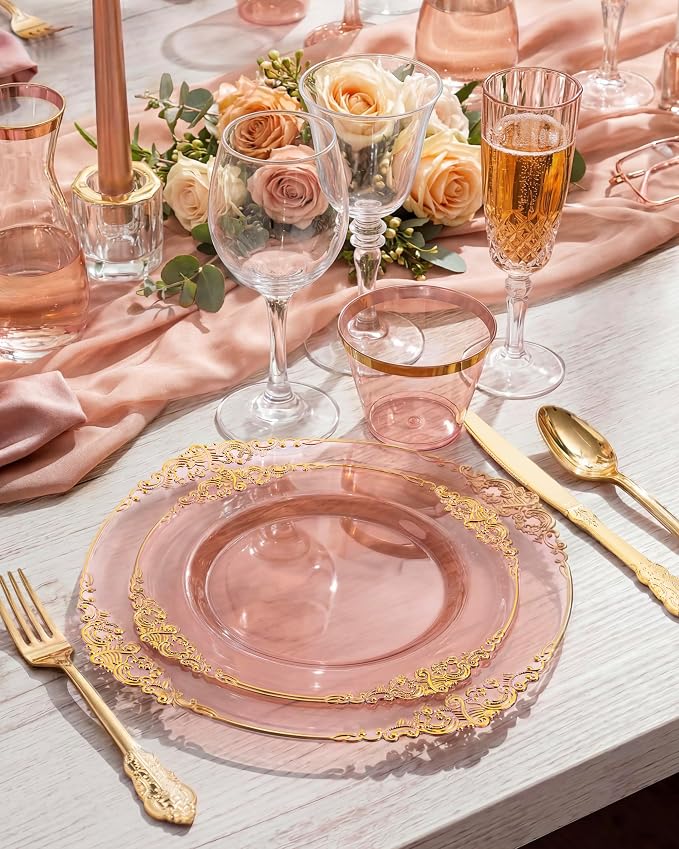 350 Pcs Burgundy Gold Plates for Party | Burgundy Plates Set for 50 Guests - Image 3