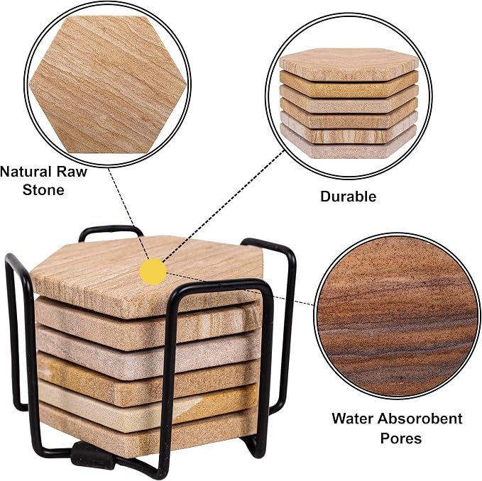 Sandstone Water Absorbent Hand Crafted Hexagon Coasters - Image 5