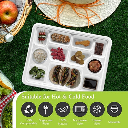 three leaf 11 Compartment Bagasse Rectangular Plate, 25 Ct. PFAS-Free, Heavy Duty, Sugarcane Fiber, Eco Friendly Disposable, 100% Biodegradable, Microwave and Freezer Safe, Ideal for Lunch, Buffet