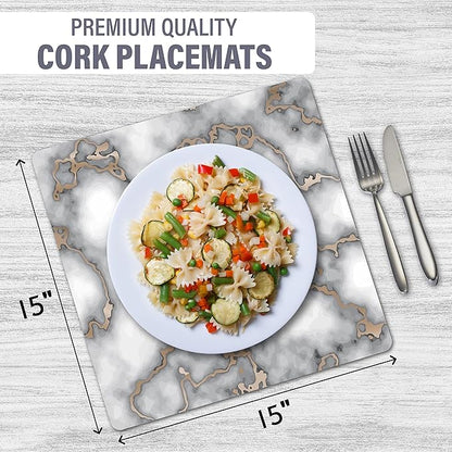 Dainty Home Smokey Gold Marble Square Cork Placemats - Heat Resistant Placemats, Non-Slip, Easy Clean Placemats for Elegant Dining - 15"x15" Set of 2 - Perfect for Stylish, Modern Homes