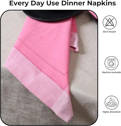 Bedding Craft Cotton Cloth Dinner Napkins Set of 12 – 20x20 Pink Multi Double Hemstitched – Machine Washable Fabric Napkins for Weddings, Parties & Dining Tables