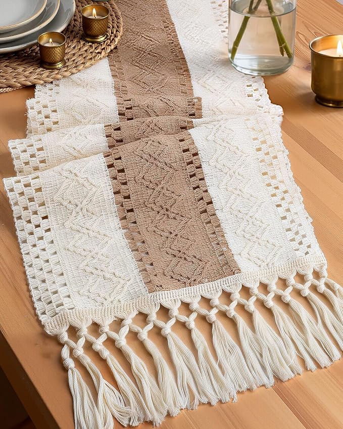 Pureegg Boho Table Runner 12 x 72 Inch, Woven Tassel Design | Dining Table by Pureegg