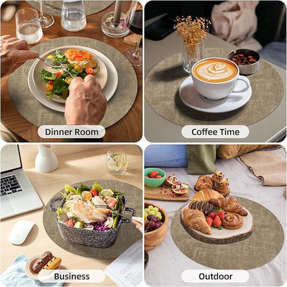 15 inch Faux Leather Round Placemats Set of 4 Non-Slip Washable Wipeable Table Mats, Heat Resistant Waterproof Oilproof Light Coffee Place Mats for Kitchen, Dining, Party, Indoor, Outdoor