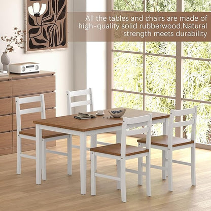 5 Piece Dining Table Set, Solid Wood Dining Table Set for 4, Farmhouse Table and 4 Chairs Set, 43.3'' Rectangular Kitchen Table Set for 4, Walnut & White