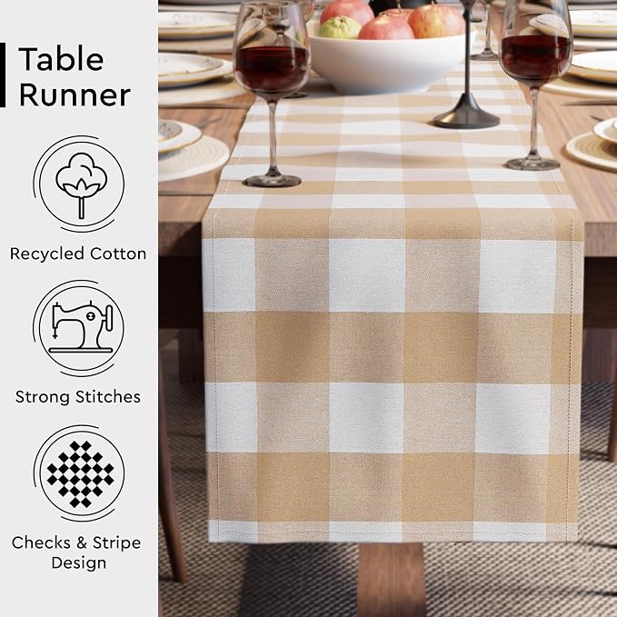 Encasa XO Table Runner, Woven Cotton Dining Runner 13"x104" Buffalo Beige Checks - Image 3