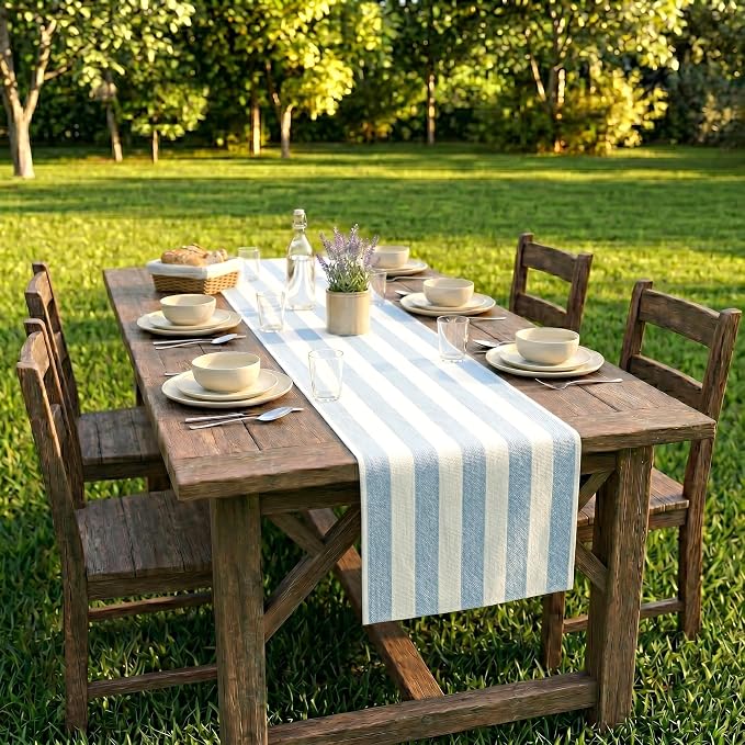 Folkulture Table Runner 90 Inches Long Blue & White Striped Cotton Coastal - Image 7