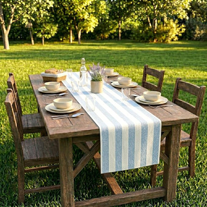 Folkulture Table Runner 90 Inches Long Blue & White Striped Cotton Coastal - Image 7