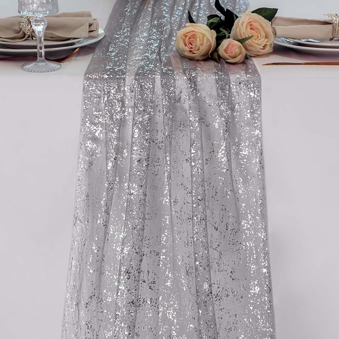 Snowkingdom Silver Gray Table Runner 10FT, Sheer Sparkly Shiny Glitter Sparkle by Snowkingdom