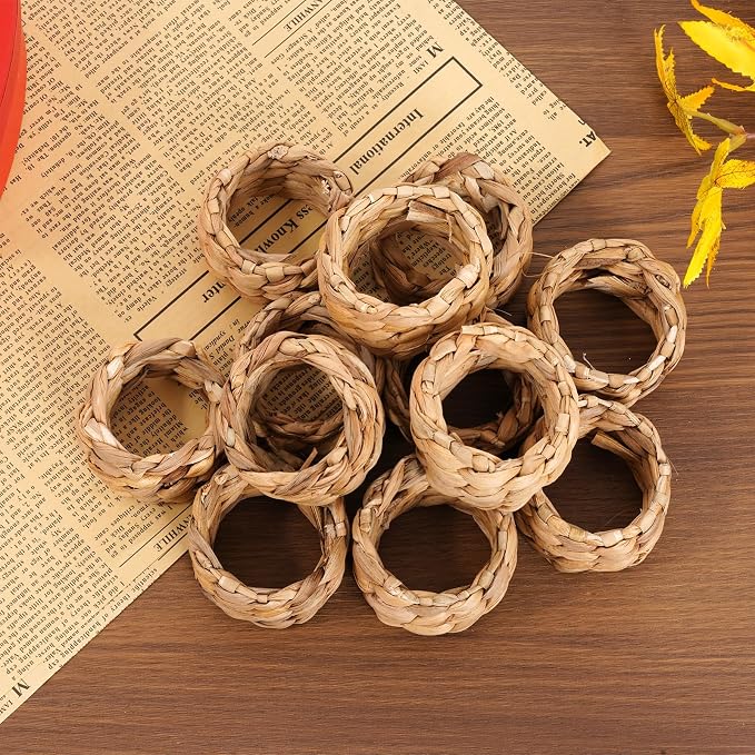 Yolyoo Woven Napkin Rings Set of 12 Water Hyacinth Napkin Rings Natural Rattan - Image 8