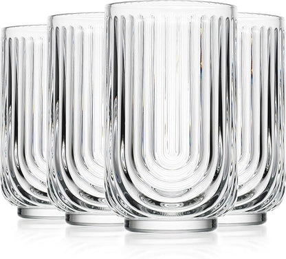Glaver's Vintage Glassware Art Deco Glasse Ribbed Drinking Glasses U-Shape Arch Design Colored Cocktail Kitchen Tumblers Everyday Dinner Decorative Party (Clear S/4 17oz)
