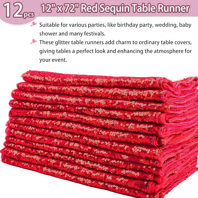 12 Packs 12 X 72 Inch Red Sequin Table Runner Glitter Dining Table Runner - Image 2