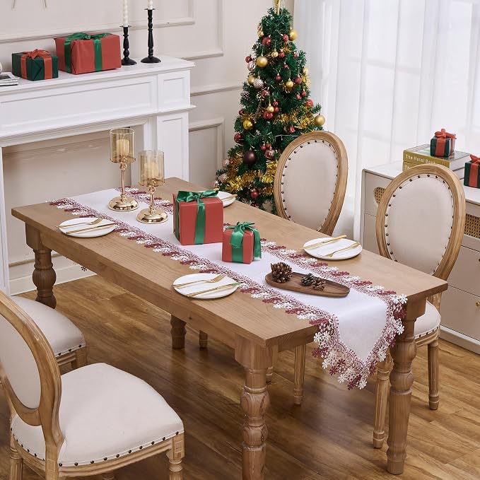 White Dark Red Floral Lace Table Runner Dresser Scarf | Christmas, Floral - Image 4