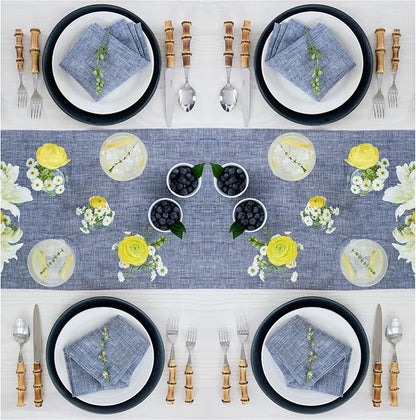 Solino Home Linen Small Table Runner 48 Inches - Athena, 100% Pure Linen Chambray Indigo Table Runner 14 x 48 Inch Ideal for Dresser and Coffee Tables - Winter, Spring, Easter