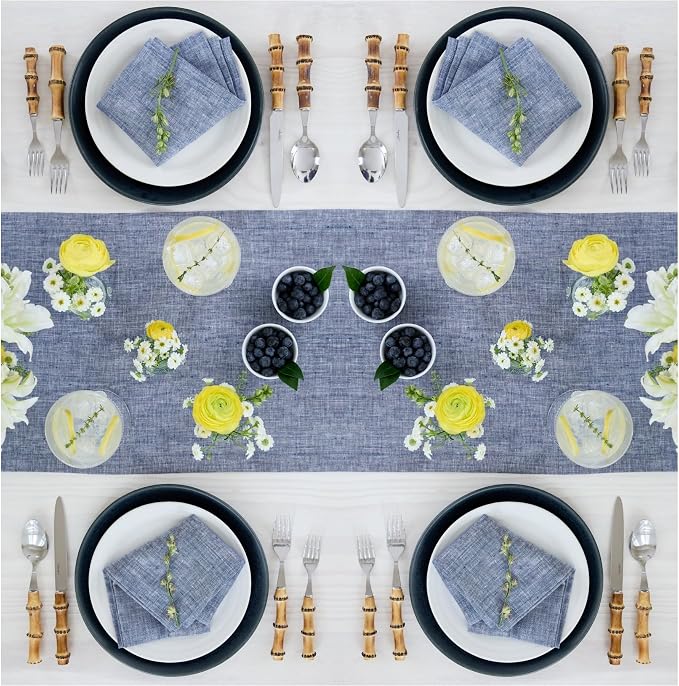 Solino Home 100% Pure Linen Table Runner Indigo Long, Athena 14 x 144 in | - Image 3