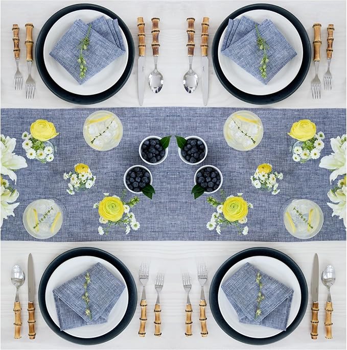 Solino Home Linen Chambray Indigo Table Runner 90 Inches Long - Athena, 100% Pure Linen Dining Table Runner 14 x 90 Inch for Winter, Spring, Easter