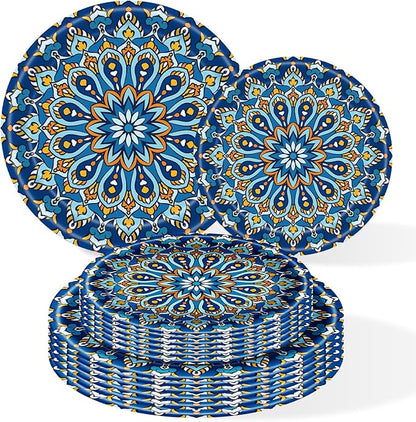 ZULYSTO 100 Count Boho Paper Plates (50×7"+ 50×9") – Disposable Plates for Party, Retro Bohemian Style Dessert Dinner Plate Set for Daily Use, Holiday, Wedding, Events