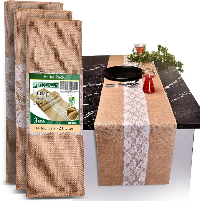 Burlap Lace Table Runner – 14”x 72” by Fibeusion
