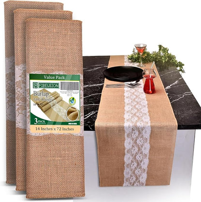Burlap Lace Table Runner – 14”x 72” by Fibeusion