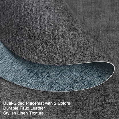 Myir JUN Round Placemats, Dual Sided Faux Leather Place Mats Set of 6 Indoor/Outdoor Non-Slip Washable Table Mats (Gray Light Blue, Set of 6)