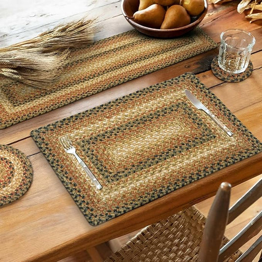 Homespice Russet Jute Braided Short Table Runner, Warm Country Decor, Set of 2, Multicolor Rectangle 8x28 - Rich Colors, Easy to Clean, Durable and Protects Furniture