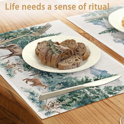 6 Pcs Placemats,Forest Mountain Placemats,Deer Trees Table Mats Washable Recyclable Table Placemat for Indoor Outdoor Heat Resistant Kitchen Dining 12"x18"