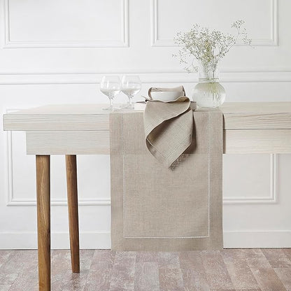 D'Moksha Homes Linen Natural Table Runner 108 Inches Long - 100% Pure Linen 14 x 108 Inch Table Runner for Valentines, Spring, Easter - Classic Hemstitch