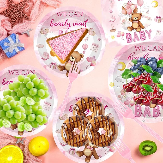 96 Pcs We Can Bearly Wait Baby Shower Decorations, Bear Tableware Set | - Image 5