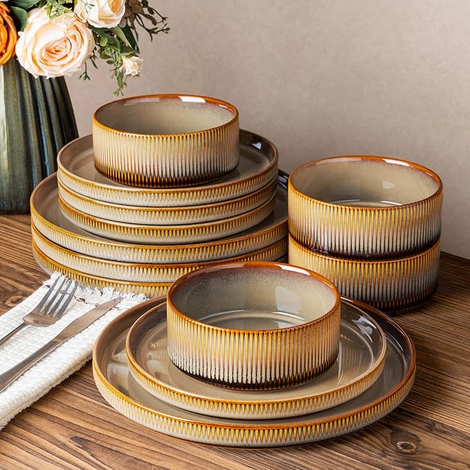 Ceramic Dinnerware Set for 4, 12-Piece Plates and Bowls Set | Lightweight by TheTerra