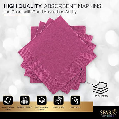 100 Pack Bright Pink Beverage Napkins, Big Party Pack, 2 Ply, Ideal for Wedding, Party, Birthday, Dinner, Lunch, Cocktails. (5” x 5”) by Amcrate