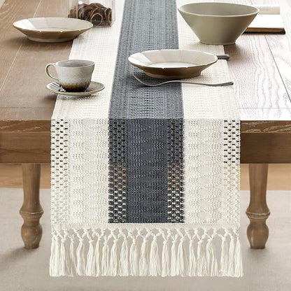 Macrame Style Bicolor Stitching Table Runner 14x36in Charcoal | Woven Boho - Image 2