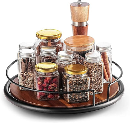 10" Acacia Wood Lazy Susan Turntable with Metal Frame for Table Top - Wooden Serving Tray Rotating for Kitchen Counter - Centerpiece Organizer Storage Food Bin Container for Pantry, Fridge, Cabinet