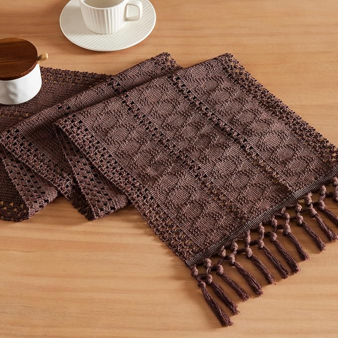 Macrame Style Boho Table Runner, 12x60 Inch Chocolate | Woven Boho Table Runner by ZEEMARTONLINE