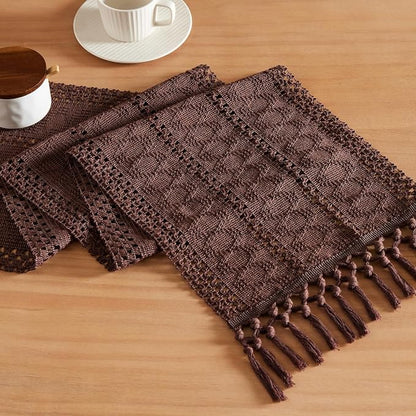 Macrame Style Boho Table Runner, 12x90 Inch Chocolate | Woven Boho Table Runner by ZEEMARTONLINE
