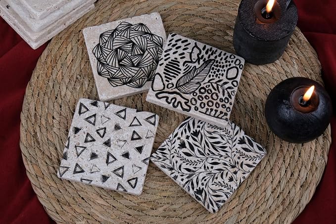 Black and White Modern Coaster Set of 4, Absorbent Square Coasters - Image 6